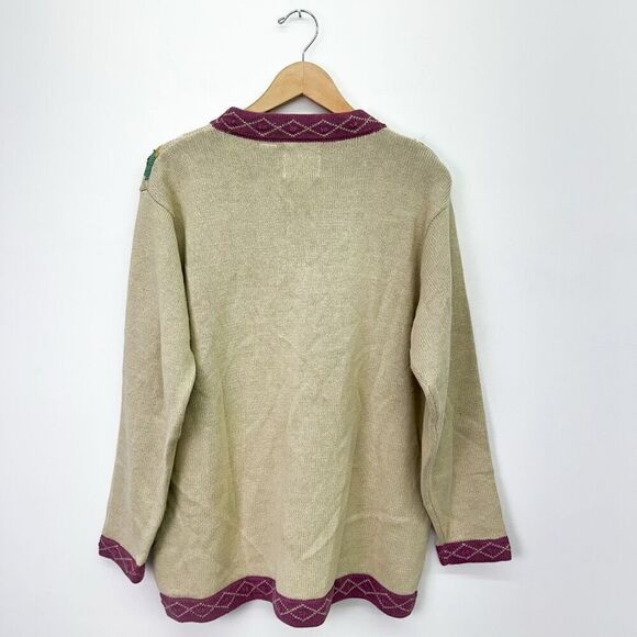 Storybook Knits Women’s Beaded Hand Knit Floral Argyle Flower Button Tan Cardiga - Picture 2 of 11